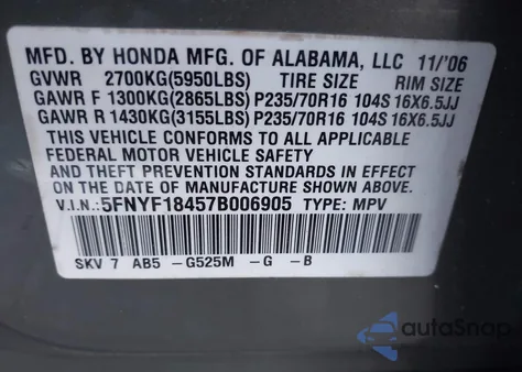2007 Honda Pilot Ex из США, поврежденный, VIN 5FNYF18457B006905